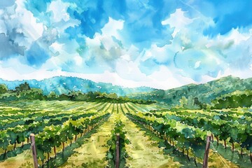 Naklejka premium Hand-drawn Watercolor Illustration of a Scenic Vineyard Landscape with Grapevines and Fields