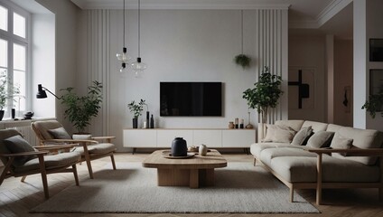 Scandinavian minimalist interior design D visualization with stylish furnishings.