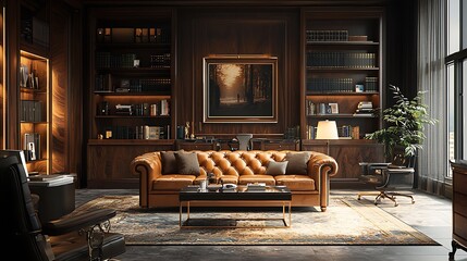A plush leather sofa, nestled among bookshelves, defines the opulent living room of a refined home.