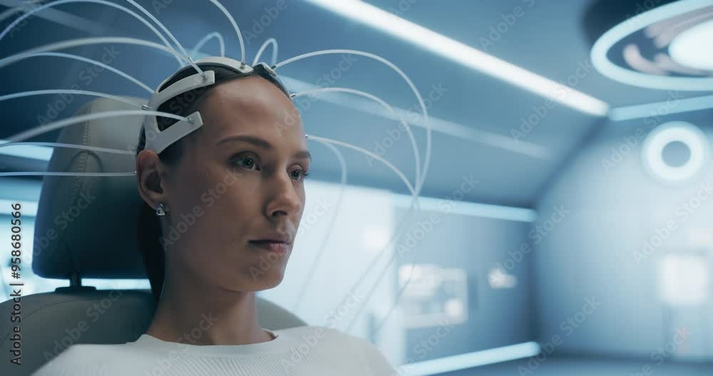 Poster Futuristic Medical Laboratory: Female Patient wearing Headset. Brain Scanner Using Advanced Neural Technology to Optimize Brain Function and Research, Treatment of Neural Diseases. Static Portrait