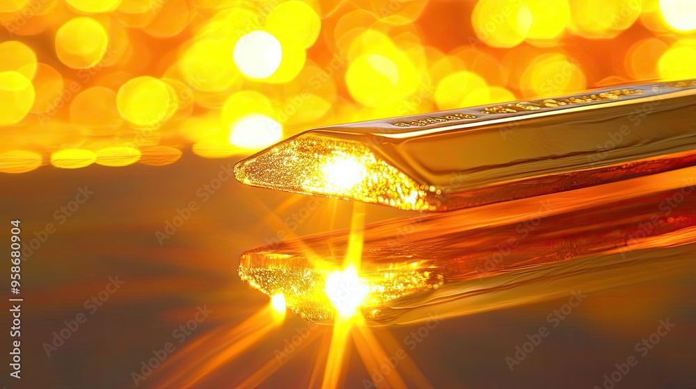 Poster A close-up of a gold bar reflecting warm, sparkling lights with a bokeh effect, symbolizing wealth and luxury.