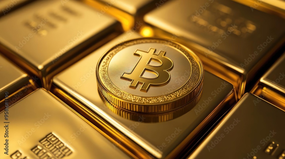 Poster a bitcoin coin resting on shiny gold bars, symbolizing the blend of cryptocurrency and traditional w