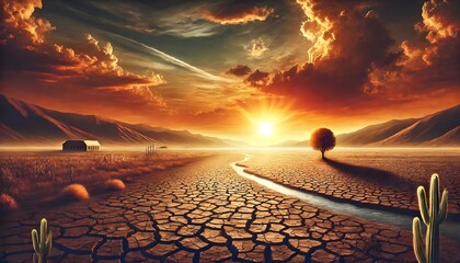 A powerful and motivational landscape illustration depicting the effects of global warming. The scene shows a vast, dry landscape with cracked earth