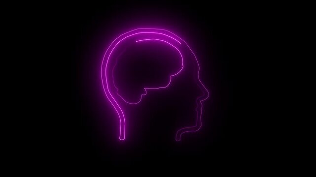 neon line glowing purple color human head brain icon animation on black background. 3d video.
