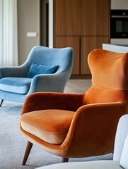 Fototapeta premium Minimalist, mid-century modern interior shot with armchairs in plain sight. Generative AI 