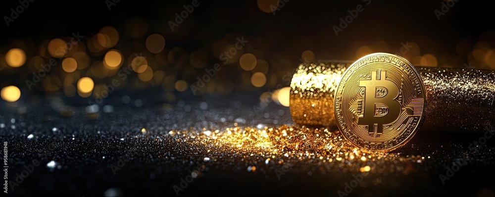 Aufkleber a shiny bitcoin resting on a glittering surface, symbolizing cryptocurrency wealth and digital finan