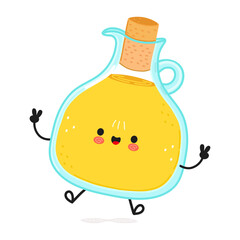 Olive oil jumping character. Vector hand drawn cartoon kawaii character illustration icon. Isolated on white background. Olive oil character concept