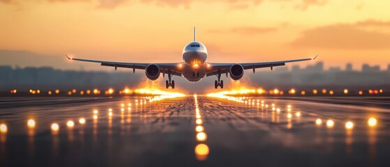 A closeup of the lights along the edge of the runway as a plane takes off