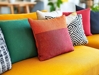 A close-up picture of a mid-century modern interior living room with a sofa and cushion. Generative AI
