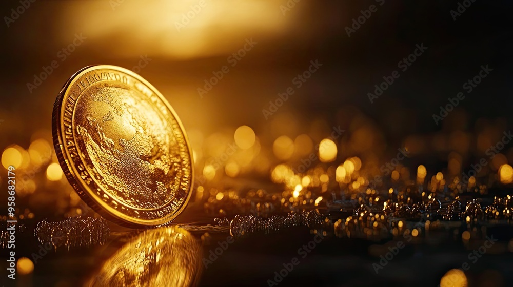 Poster a shining gold coin rests on a glittering surface, illuminated by warm light, symbolizing wealth and