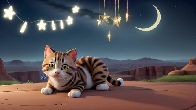 Cat sitting on a rock cliff at night. Seamless 4K looping timelapse video animation background
