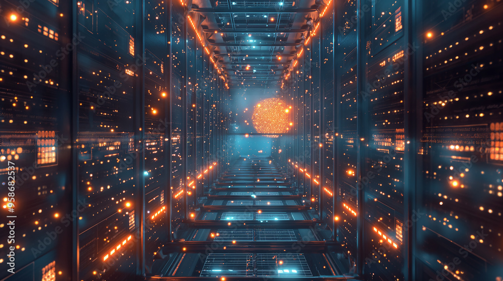  ai in the cloud: a massive data center filled with servers, each connected to a central ai in the cl