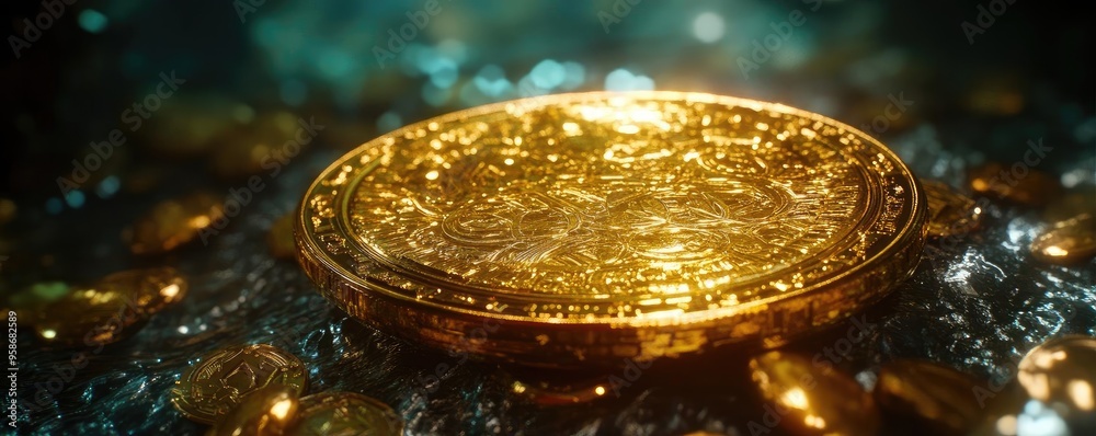 Poster a close-up of a shimmering gold coin resting among sparkling treasures, reflecting light in a captiv