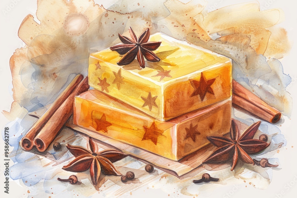 Wall mural Handmade Herbal Soap with Star Anise and Cinnamon. Watercolor Illustration for Spa and Aromatherapy