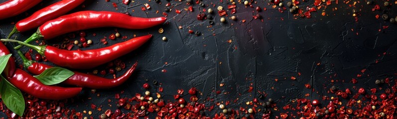 Many red peppers on a black surface with leaves, food background, banner, copy space