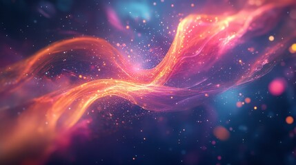 Obraz premium A 3D abstract multicolor visualization with swirling ribbons of light and particles, creating a captivating display.