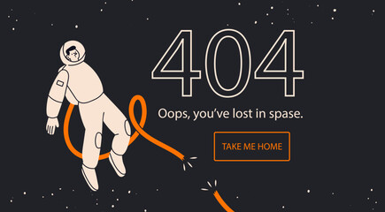 Astronaut with broken cable. Oops, lost in space text. Error 404, page not found, system error concept. Website, browser failure, popping window, problem template. Hand drawn Vector illustration © Dariia