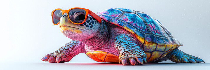 A colorful turtle wearing sunglasses looks cool and confident.