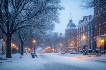 Fototapeta premium Snow-covered street with brick buildings and streetlights during a snowfall
