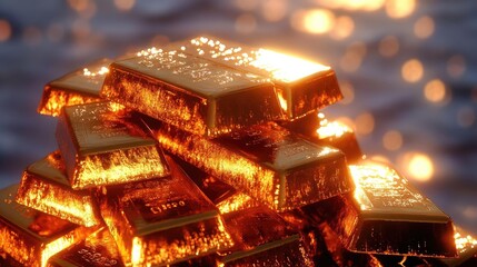 A stunning pile of gleaming gold bars, reflecting light beautifully, perfect for concepts related to wealth, luxury, and investment.