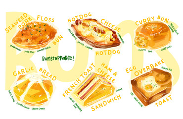 Poster pastry bread toast sandwiches illustration Korean Japanese chinese bakery