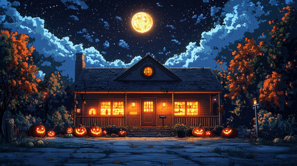 The house is decorated for Halloween. Cartoon style. Night.