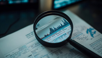 Fototapeta premium Magnifying Glass Analyzing Financial Data in Market Newspaper