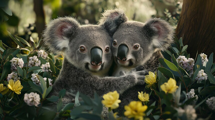 Fototapeta premium Adorable Koalas Hugging in Lush Tropical Foliage with Vibrant Flowers, Symbolizing Love and Friendship in Nature
