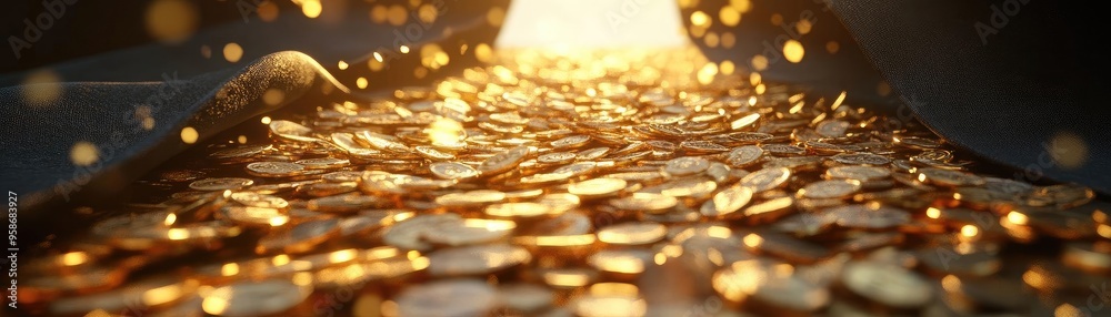 Poster a captivating view of shining coins glimmering under warm light, symbolizing wealth and prosperity.