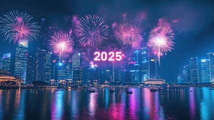 Obraz premium Fireworks burst above a city skyline, with 