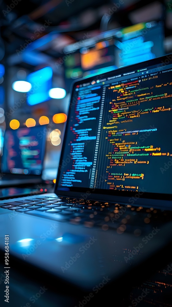 Poster a close-up of a laptop screen displaying code in a modern tech workspace with blurred lights in the 