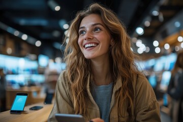 Fototapeta premium A cheerful young woman with wavy blonde hair and a casual jacket is holding a smartphone while enjoying her visit to a well-lit and vibrant electronics store.