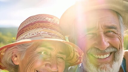 A joyful elderly couple shares a warm moment outdoors, smiling brightly. Their expressions radiate love and companionship, embodying the beauty of aging gracefully and shared experiences.