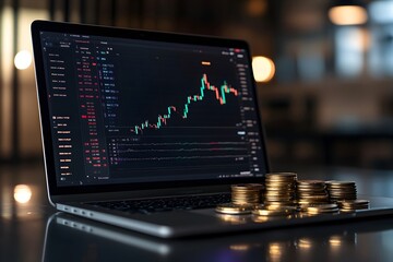 Laptop Displaying AI Styled Financial Trading Chart with Pile of Coins Beside It