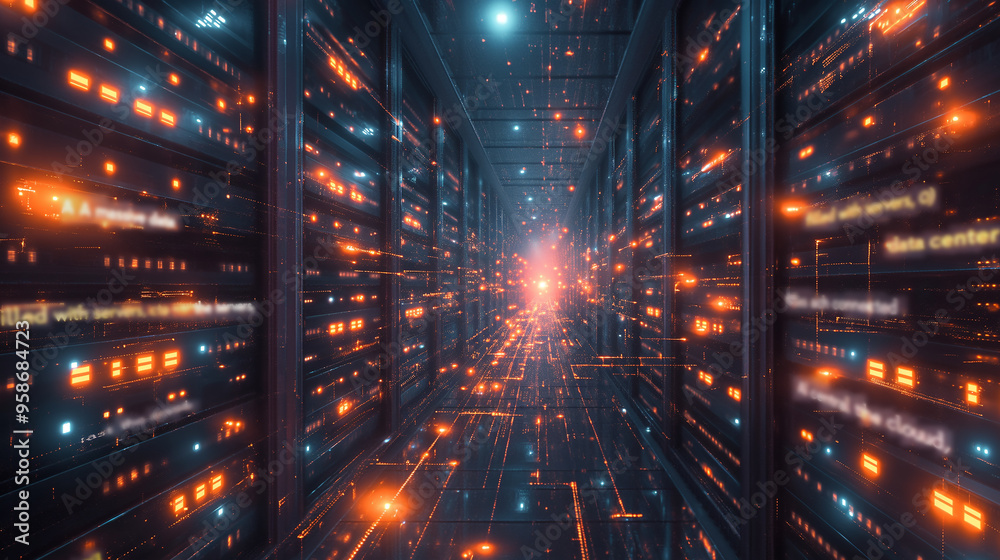 Poster ai in the cloud: a massive data center filled with servers, each connected to a central ai in the cl