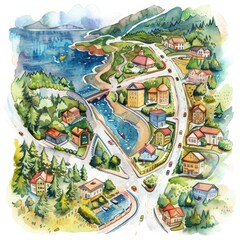 Hand-painted Watercolor Map for Travel and Adventure. Summer Landscape with Roads, Houses, and Car on Isolated White Background. Illustration for Nursery Decor and Print