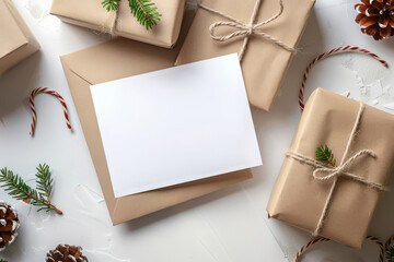 Christmas gift box arrangement with blank card for holiday greeting mockup, festive winter concept