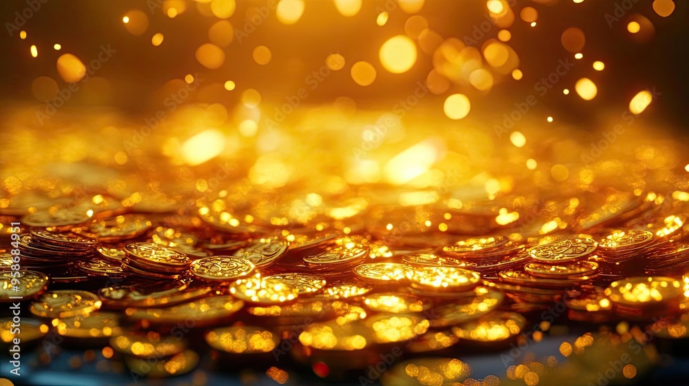 Poster a stunning close-up of shining gold coins illuminated by warm light, creating a magical and luxuriou