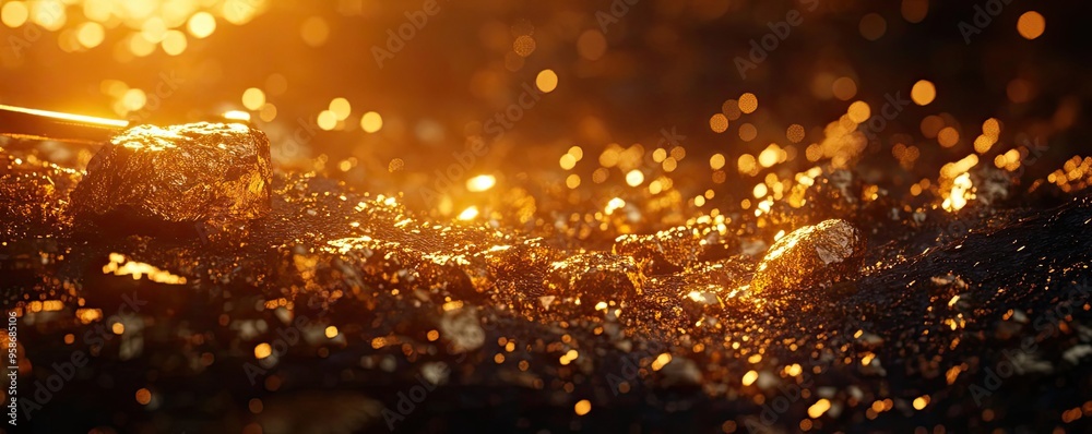 Poster a mesmerizing close-up of shimmering gold particles reflecting light in a beautiful, enchanting back