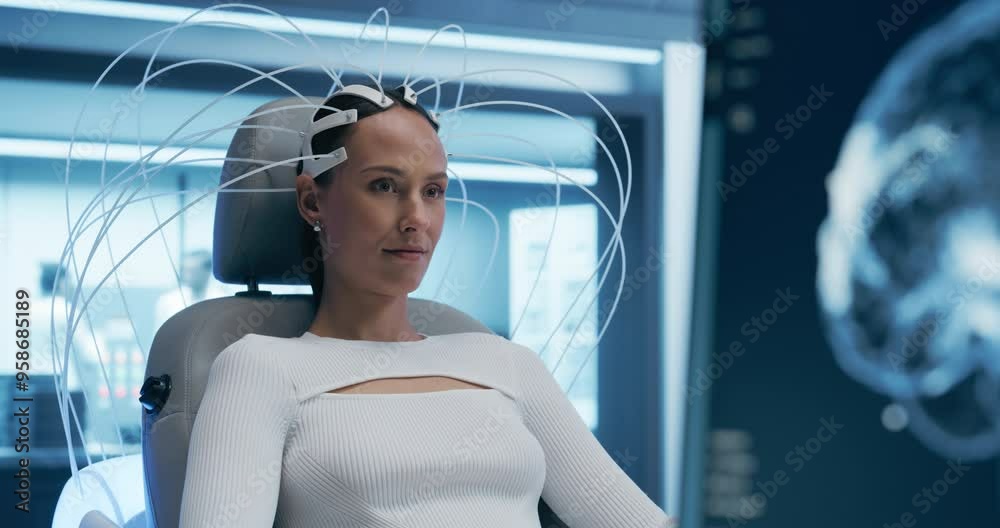 Poster Futuristic Laboratory: Female Patient's Brain With Advanced Neural Technology, Optimizing Cognitive Function and Researching Neural Diseases. Pan Shot from Monitor with Active Brain to Woman
