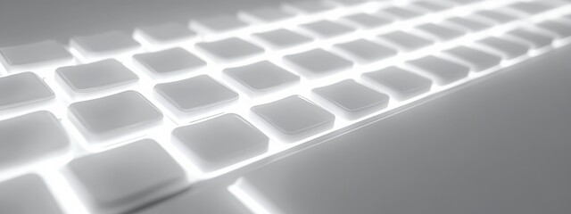 a high-tech keyboard with backlighting, placed on a white background, with soft natural light enhancing the keys and illumination