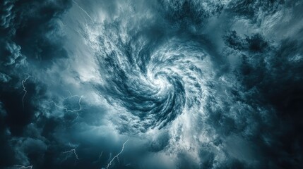 Aerial satellite view of a severe storm with swirling clouds and visible lightning, emphasizing its intensity and magnitude