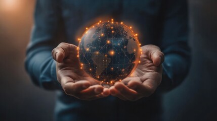 Businessman hold global business globe with network connected to digital marketing strategy and creative solution. Business development technology to support creativity idea