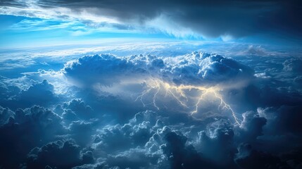 Aerial satellite view of a tropical storm with detailed cloud formations and active lightning, illustrating its intensity