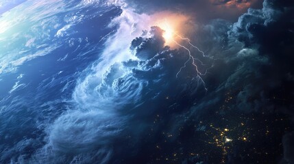Fototapeta premium Aerial satellite view of a tropical storm with intense cloud cover and vivid lightning, highlighting the storm's size and impact