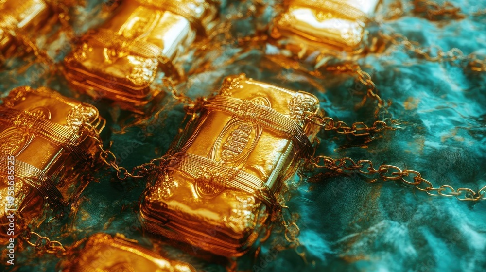 Poster A mesmerizing collection of golden treasure bars resting in a vibrant blue environment, symbolizing wealth and prosperity.