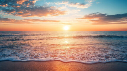 Obraz premium Serene ocean sunset with colorful sky and calm waves 