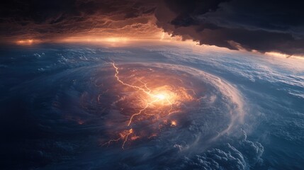 Fototapeta premium Aerial view from space of a powerful storm with swirling clouds and visible lightning, capturing the storm's dramatic scale and impact