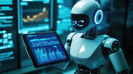 Advanced robot working with a tablet, analyzing charts and graphs, high-tech office with bright...