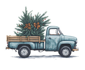 A vintage white pickup truck loaded with Christmas gifts, adorned with greenery and ornaments.

